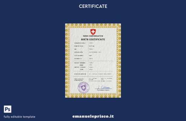 modello PSD del certificato di nascita dello stato civile svizzero in stile veri